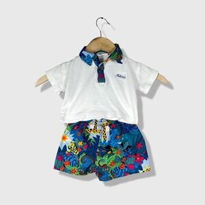 Hawaii Jag 2 Piece Polo Shorts Set Kids 6mo White Blue Tropical Safari Vintage